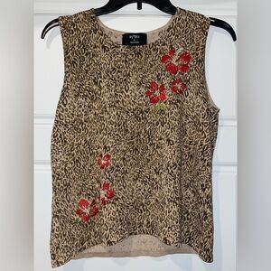 Nina Leonard Leopard Print Tank Top with Red Floral Accents